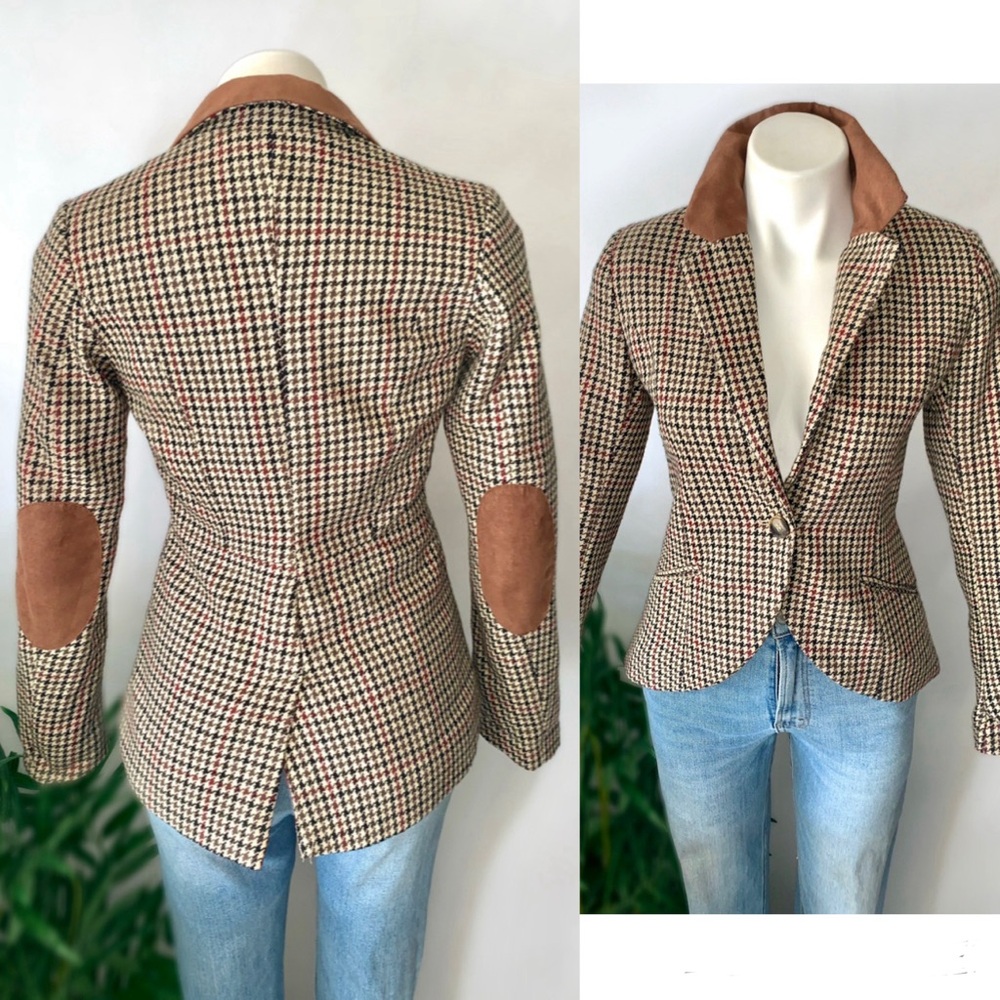 Equestrian Houndstooth Elbow Patch Wool Blazer - image 2